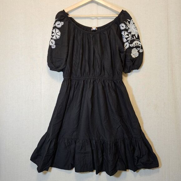 Knox Rose Womens Black Dress White Floral Embroidery Pockets Ruffle Size Large - Picture 1 of 10
